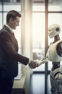 human and robot gives handshake